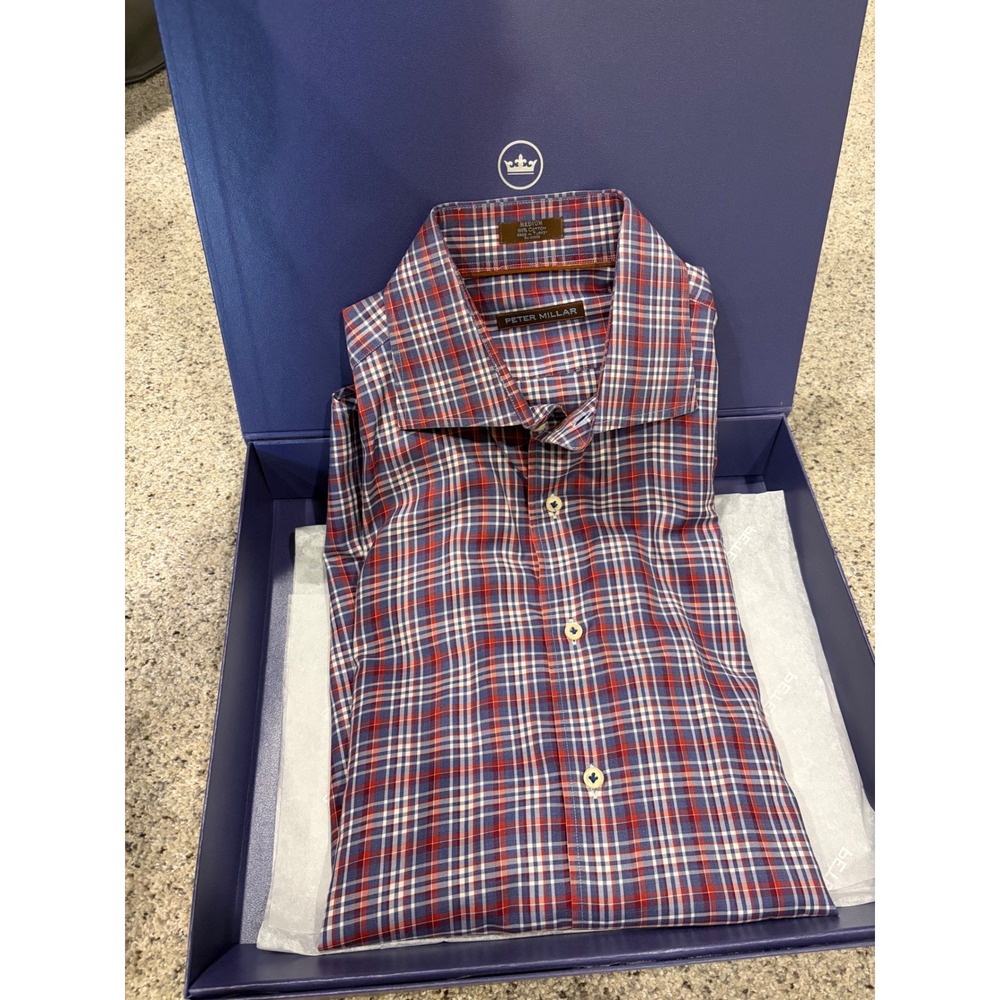 Peter Millar Mens Plaid 100% Cotton Button Down Shirt Size Medium w gift Box
